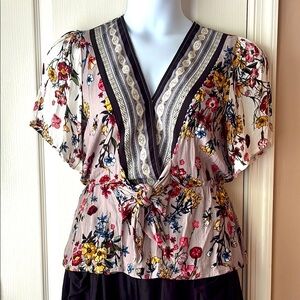 Umgee Floral Delicate Flutter Sleeve Blouse with Faux Tie Front